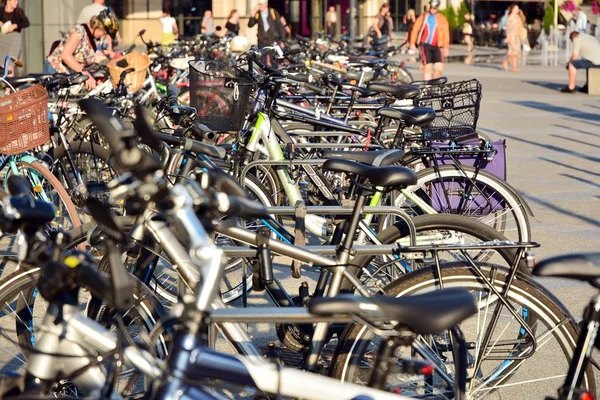 Bicicletas Dispuestas Fila Ciudad —  Fotos de Stock