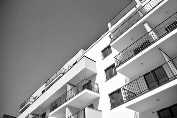 Fragment Facade Building Windows Balconies Modern Home Many Flats Black — Stock Photo, Image