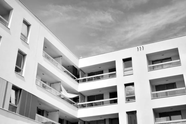 Fragment Facade Building Windows Balconies Modern Home Many Flats Black — Stock Photo, Image