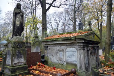 Varşova, Polonya. 24 Ekim 2019. Eski Powazki, Varşova 'nın Wola bölgesindeki tarihi mezarlıktır. Mezarlıktaki mezar taşları ve ağaçlar..