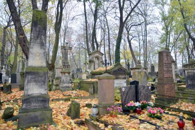 Varşova, Polonya. 24 Ekim 2019. Eski Powazki, Varşova 'nın Wola bölgesindeki tarihi mezarlıktır. Mezarlıktaki mezar taşları ve ağaçlar..