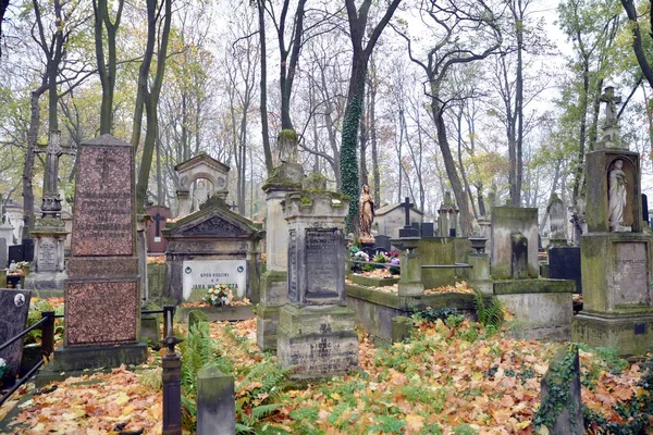 波兰华沙 2019年10月24日 老波拉斯基 Old Powazki 是华沙沃拉地区的一座历史性公墓 古墓前的墓碑和树木 — 图库照片
