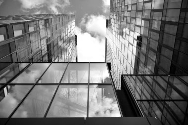 Şehir geometrisi, cam yapıya bakıyor. Modern mimari, cam ve çelik. Yüksek kontrastlı siyah ve beyaz tonlu soyut modern mimari tasarımı.