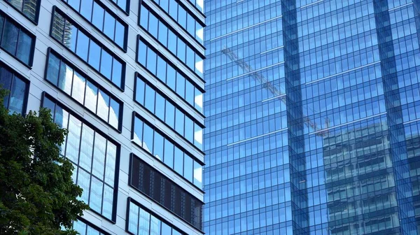 Botten Utsikt Över Glas Silhuett Skyskrapa Affärsbyggnad Skyskrapa Med Glasfasad — Stockfoto