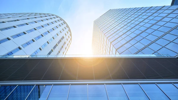 Gökdelenlerin cam siluetinin alt görüntüsü. İş binası. Cam cepheli bir gökdelen. İş bölgesinde modern bir bina. Ekonomi, finans, gelecek kavramları.   