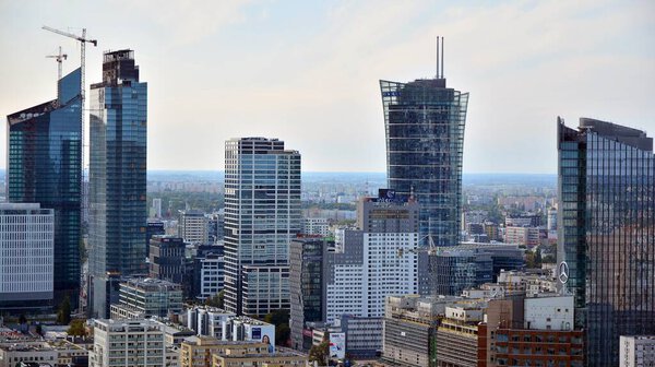 Warsaw, Poland. 20 September 2020. Cityscape of Warsaw city from the viewing terrace located on the 30th floor of Palace of Culture and Science. Warsaw city center.