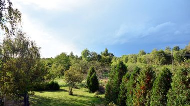 Yaz boyunca kara fırtına bulutları, ağaçlar ve çayır manzarası