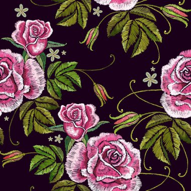 Nakış bahar gül seamless modeli. Güzel tomurcukları siyah arka plan üzerine pembe gül klasik nakış. Giyim, tekstil, t-shirt tasarım şablonu