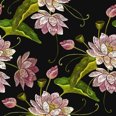 Nakış su lotus seamless modeli çiçekler. Elbise şablonu, t-shirt tasarım. Klasik nakış pembe nilüferler desen, Nilüfer