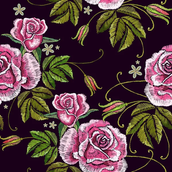 Bordado Rosas Primavera Patrón Sin Costuras Hermosos Brotes Rosas Rosadas — Vector de stock