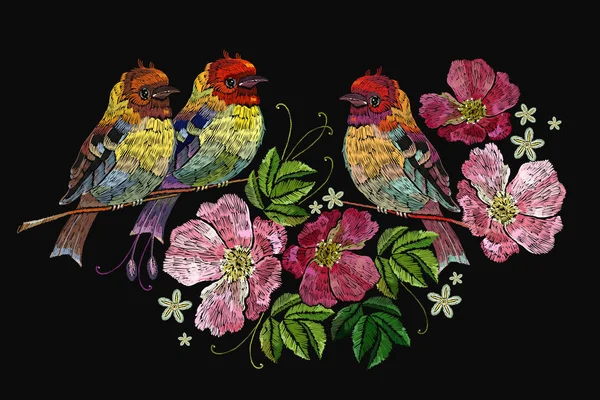 Nakış Kuş Yaban Gülü Giyim Tekstil Shirt Tasarım Şablonu — Stok Vektör