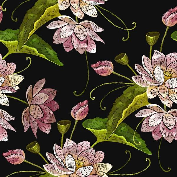 Broderi Lotusblommor Vatten Sömlösa Mönster Kläder Mall Shirt Design Klassiskt — Stock vektor