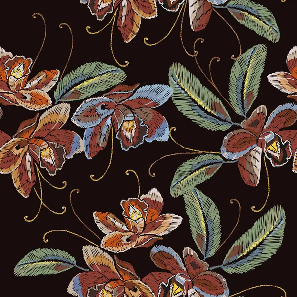 Bordado Flores Orquídea Patrón Sin Costuras Hermosa Rosa Orhid Patrón — Archivo Imágenes Vectoriales