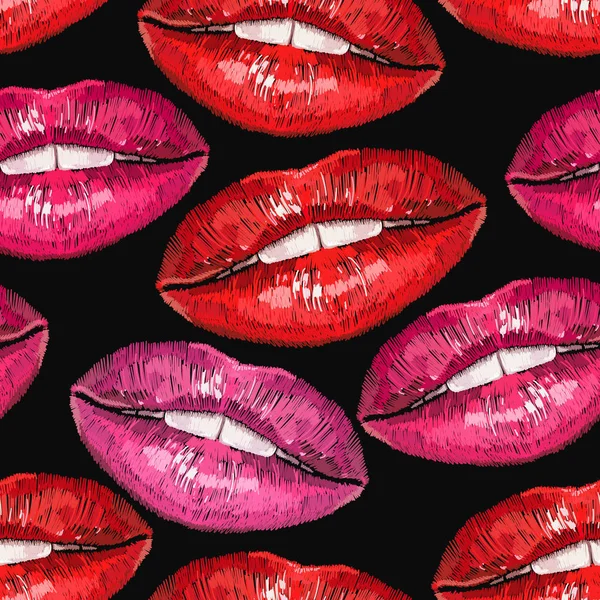 Nakış dudaklar. Seksi ıslak dudak makyaj desen. Moda giyim, tekstil, t-shirt tasarım şablonu. Kozmetik ve makyaj seamless modeli. Tatlı öpücük moda sanat
