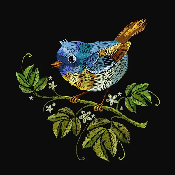 刺绣小鸟在树枝上 纺织品 T恤设计模板 — 图库矢量图片