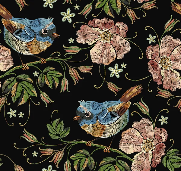 Güzel Kuşlar Çiçekler Dogrose Desen Giyim Tekstil Shirt Tasarım Şablonu — Stok Vektör