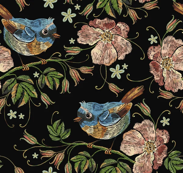 Beautiful birds and flowers of dogrose pattern. Template for clothes, textiles, t-shirt design. Embroidery wild roses and tropical birds seamless pattern
