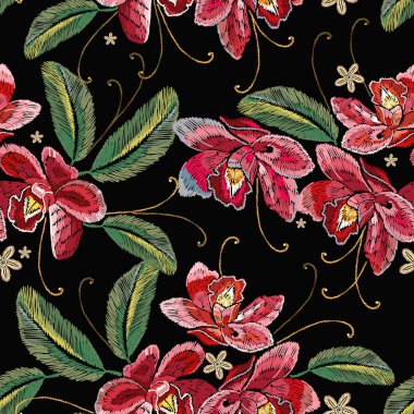 Güzel pembe orhid klasik nakış sanat desen. Giyim, tekstil, t-shirt tasarım şablonu. Nakış orkide çiçekleri seamless modeli