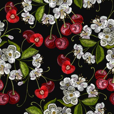 Nakış kiraz çiçeği ağaç ve kiraz meyve seamless modeli berry. Giyim, Tekstil için şablon