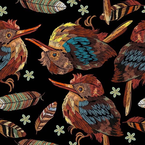 美しい面白い鳥と羽シームレス パターン シャツのデザイン テンプレート — ストックベクタ