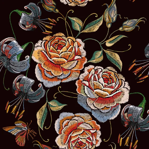 Κέντημα Vintage Τριαντάφυλλα Tiger Lillies Και Τροπικά Πεταλούδα Μοτίβο Άνευ — Διανυσματικό Αρχείο