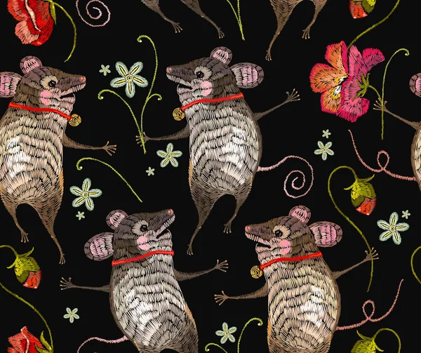 Embroidery funny mouse seamless pattern. Template for clothes, textiles, t-shirt design. Two cheerful mice are danced in flowers classical embroidery pattern