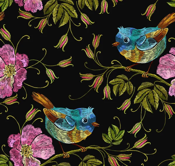 Вишивка Диких Троянд Тропічних Птахів Безшовний Візерунок Красиві Птахи Квіти — стоковий вектор