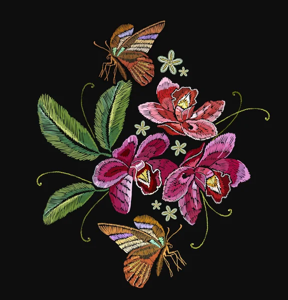 Hermoso Orhid Rosa Arte Bordado Mariposa Tropical Plantilla Para Ropa — Vector de stock