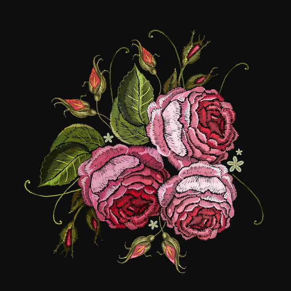 绣花玫瑰花 T恤设计 美丽的粉红色玫瑰古典刺绣黑色背景 纺织品 T恤设计模板 — 图库矢量图片