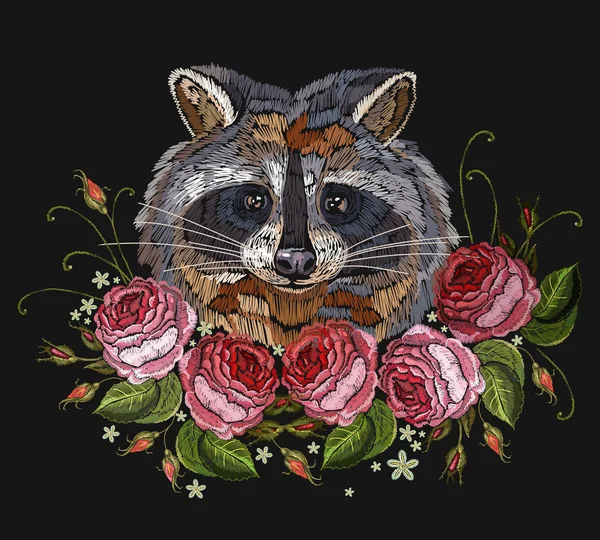 Tête Raton Laveur Roses Broderie Art Modèle Mode Pour Vêtements — Image vectorielle