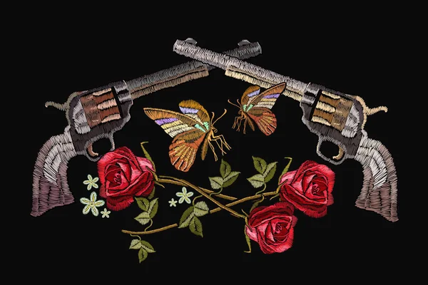 Класичні Револьвери Вишивання Весняні Троянди Тропічні Метелики Символ Романтизму Злочинності — стоковий вектор