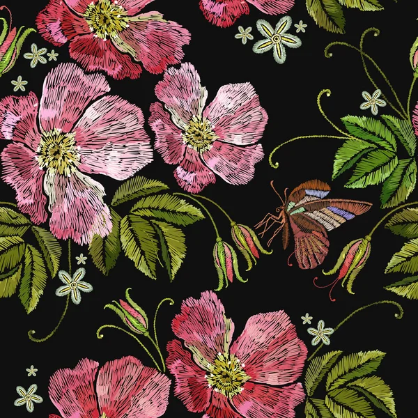 ワイルド ローズ シームレスな刺繍 Dogrose 服テンプレートの美しい花 — ストックベクタ