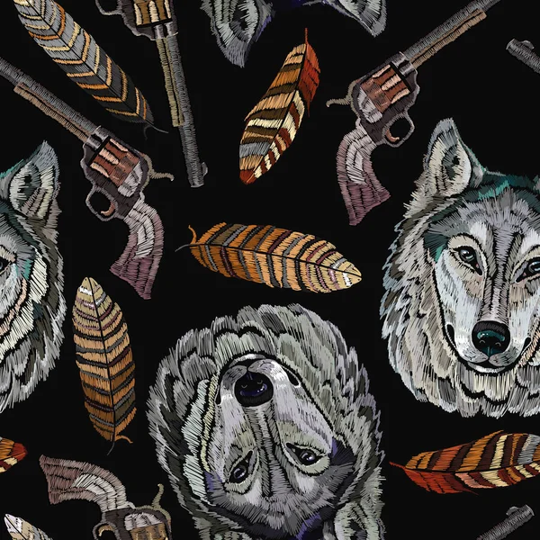 Broderie Tête Loup Plumes Fusils Motif Sans Couture Modèle Nature — Image vectorielle