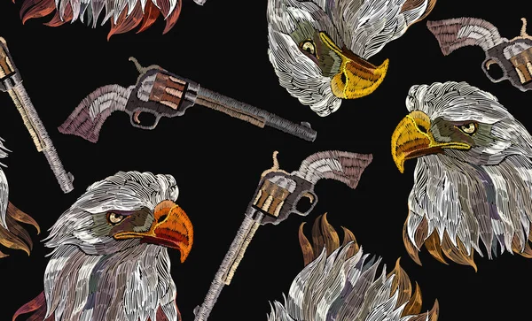 Stickerei Kopf Adler Und Alte Waffen Nahtlose Muster Wild West — Stockvektor