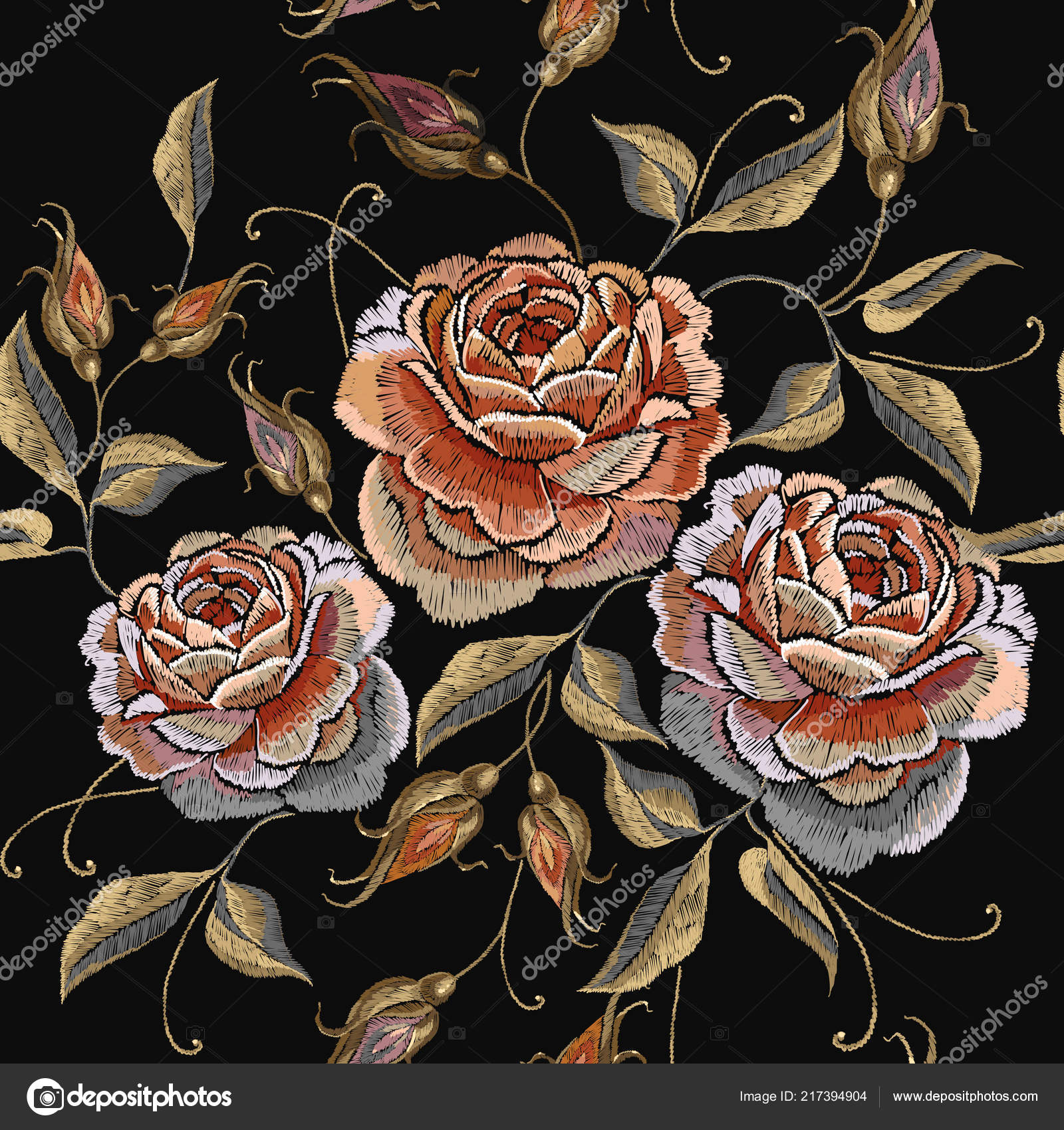 Rose Buds Embroidery Seamless Pattern Fashionable Template For
