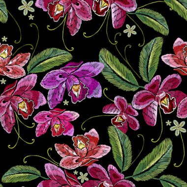 Güzel bahar pembe orhid klasik nakış sanat desen. Giyim, tekstil, t-shirt tasarım şablonu. Dikişsiz desen nakış mor orkide çiçekler