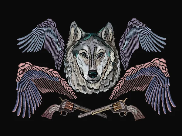 Loup Ailes Fusils Broderie Classique Modèle Art Musical Pour Vêtements — Image vectorielle