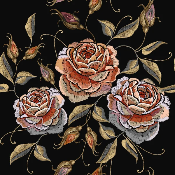 Beautiful bud red roses classical embroidery on black background. Vintage roses seamless pattern. Template for clothes, textiles, t-shirt design