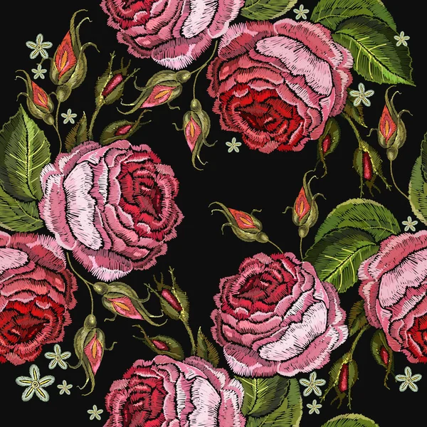 Embroidery red roses vector seamless pattern. Beautiful buds of red roses classical fashion style on black background. Template for clothes, textiles, t-shirt design