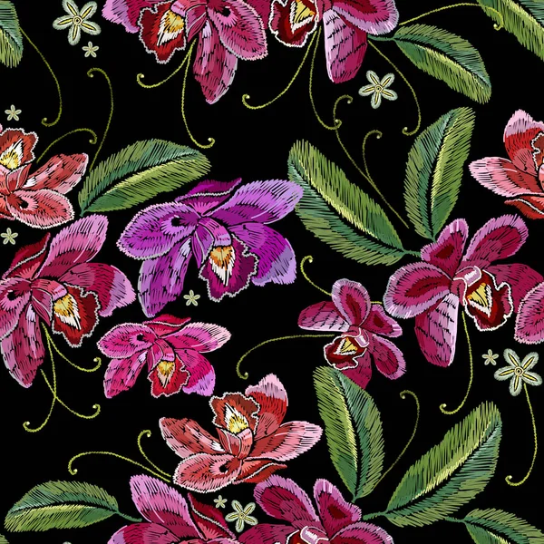 Beautiful spring pink orhid classical embroidery art pattern. Template for clothes, textiles, t-shirt design. Embroidery violet orchid flowers seamless pattern