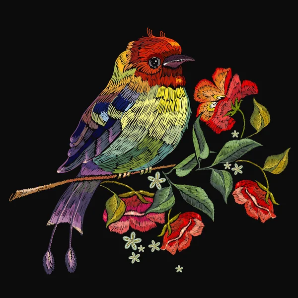Pájaro Bordado Rosas Silvestres Plantilla Moda Para Ropa Textiles Diseño — Vector de stock
