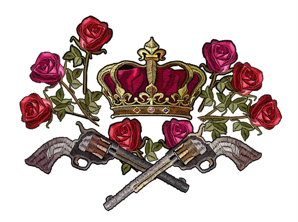 Корона Вышивки Скрещенные Ружья Розы Шаблон Одежды Текстиля Дизайна Футболки — стоковый вектор