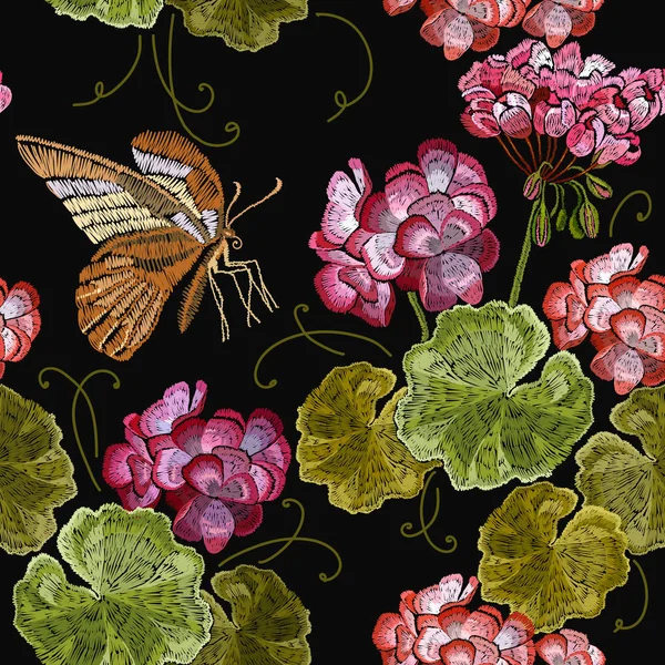 Broderi Geranium Blommor Och Butterfly Seamless Mönster Kläder Mall Shirt — Stock vektor