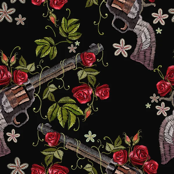 Embroidery guns and flowers roses seamless pattern. Template for clothes, textiles, t-shirt design. Classical embroidery revolvers and spring flowers roses. Symbol of romanticism and crime