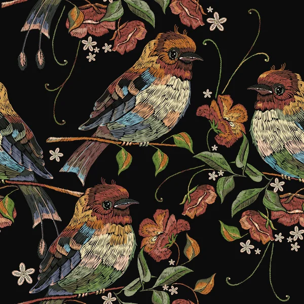 Nakış Kuş Yaban Gülü Giyim Tekstil Shirt Tasarım Şablonu — Stok Vektör