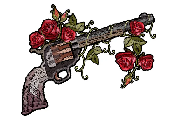 刺绣枪和鲜花玫瑰 纺织品 T恤设计模板 浪漫主义与犯罪的象征 — 图库矢量图片