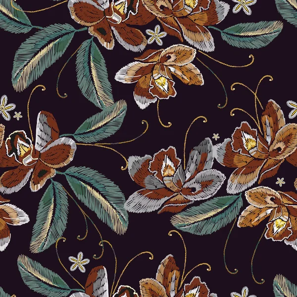 Pink orhid classical embroidery seamless pattern. Template for clothes, textiles, t-shirt design