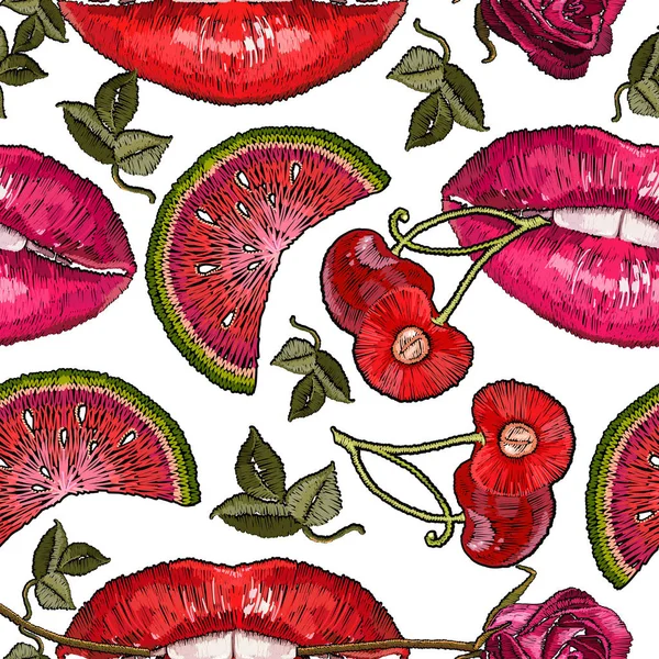 Borduurwerk Lippen Cherry Naadloze Patroon Zoete Kus Mode Kunst Sjabloon — Stockvector