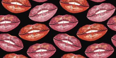 Nakış dudaklar desen. Seksi ıslak dudak makyaj. Moda giyim, tekstil, t-shirt tasarım şablonu. Kozmetik ve makyaj kavramı. Tatlı öpücük sanat