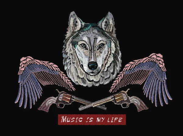 Bordado Gravura Música Rock Wolf Asas Armas Modelo Arte Música — Vetor de Stock